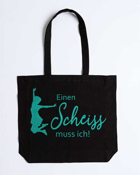 Stofftasche „Einen Scheiß muss ich“ in Schwarz mit türkisem Druck
