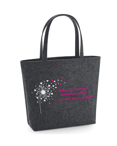 Easy Bag „Falls es dir heute noch niemand gesagt hat“ in Dunkelgrau mit weißer Pusteblume und pinkem Spruch