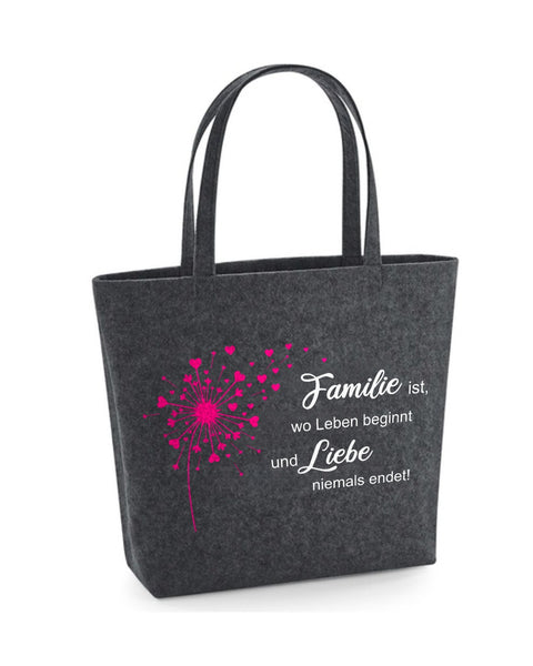 Easy Bag „Familie ist, wo Leben beginnt“ in Dunkelgrau mit pinker Pusteblume und weißem Spruch
