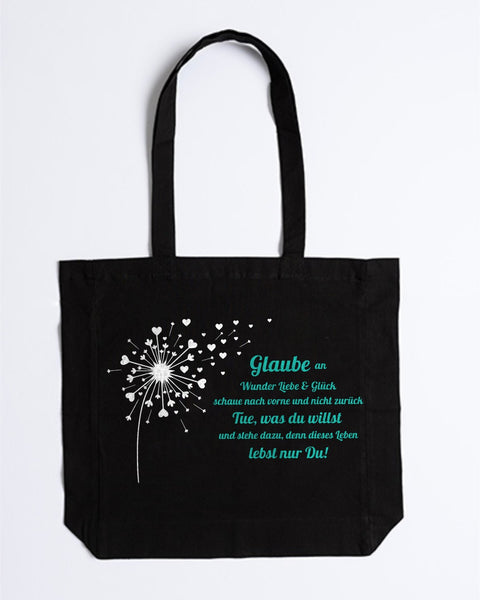 Stofftasche „Glaube an Wunder, Liebe & Glück“ in Schwarz – Spruch in Türkis