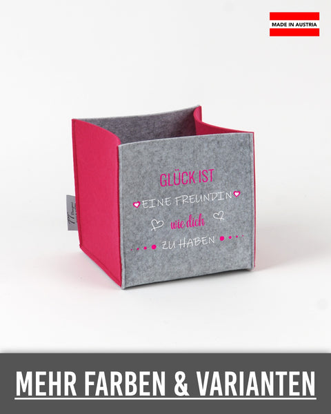 Filz Box „Glück ist eine Freundin wie dich zu haben“ in Hellgrau mit pinken Seiten – „Glück ist“, „wie dich“ und Herzen in Pink