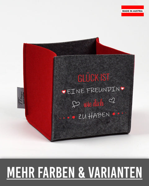 Filz Box „Glück ist eine Freundin wie dich zu haben“ in Dunkelgrau mit roten Seiten – „Glück ist“, „wie dich“ und Herzen in Rot