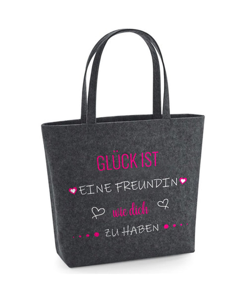 Easy Bag „Glück ist eine Freundin wie dich zu haben“ in Dunkelgrau – „Glück ist“, „wie dich“ und Herzen in Pink