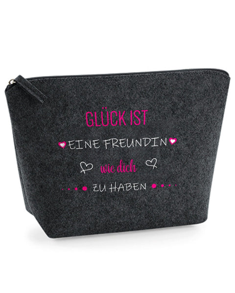 Täschchen Easy „Glück ist eine Freundin wie dich zu haben“ in Dunkelgrau – „Glück ist“, „wie dich“ und Herzen in Pink