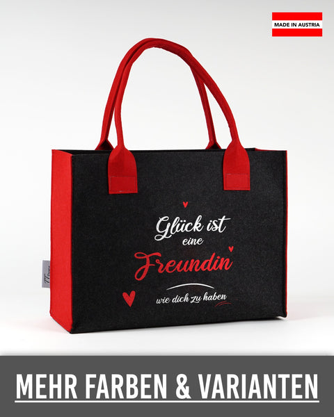 Filztasche „Glück ist eine Freundin wie dich zu haben“ in Dunkelgrau mit roten Seiten und Henkeln – „Freundin“ und Herzen in Rot