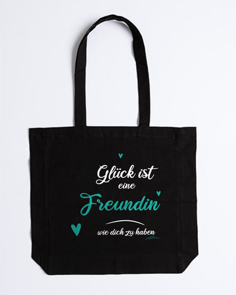 Stofftasche „Glück ist eine Freundin wie dich zu haben“ in Schwarz – „Freundin“ und Herzen in Türkis
