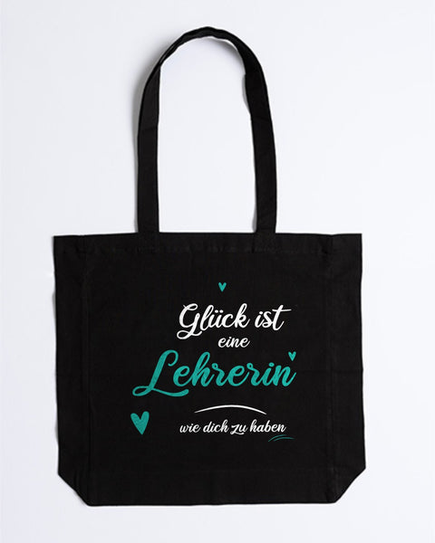 Stofftasche „Glück ist eine Lehrerin wie dich zu haben“ in Schwarz – „Lehrerin“ und Herzen in Türkis