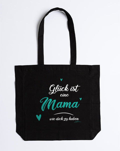 Stofftasche „Glück ist eine Mama wie dich zu haben“ in Schwarz – „Mama“ und Herzen in Türkis