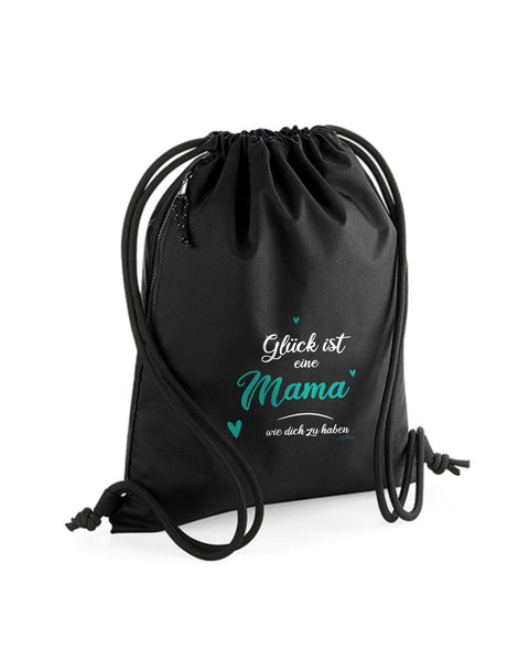 Turnbeutel „Glück ist eine Mama wie dich zu haben“ in Schwarz – „Mama“ und Herzen in Türkis