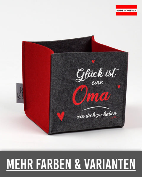 Filz Box „Glück ist eine Oma wie dich zu haben“ in Dunkelgrau mit roten Seiten – „Oma“ und Herzen in Rot