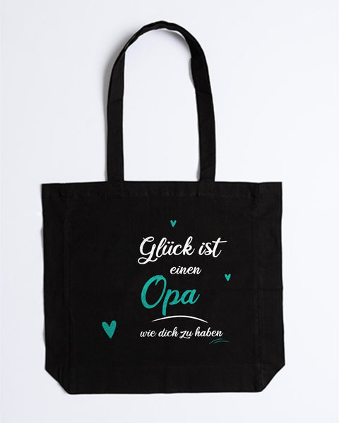 Stofftasche „Glück ist einen Opa wie dich zu haben“ in Schwarz – „Opa“ und Herzen in Türkis