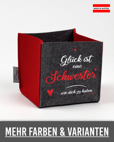 Filz Box „Glück ist eine Schwester wie dich zu haben“ in Dunkelgrau mit roten Seiten – „Schwester“ und Herzen in Rot