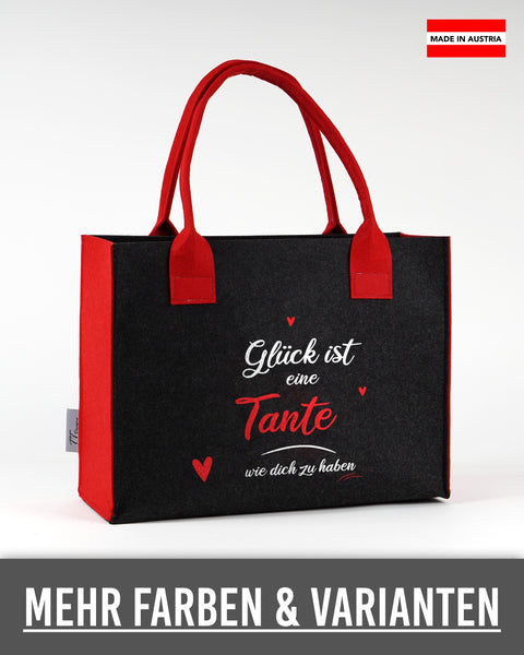 Filztasche „Glück ist eine Tante wie dich zu haben“ in Dunkelgrau mit roten Seiten und Henkeln – „Tante“ und Herzen in Rot