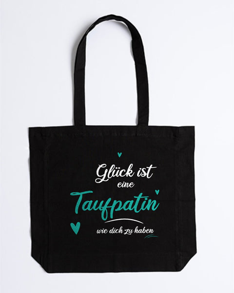 Stofftasche „Glück ist eine Taufpatin wie dich zu haben“ in Schwarz – „Taufpatin“ und Herzen in Türkis