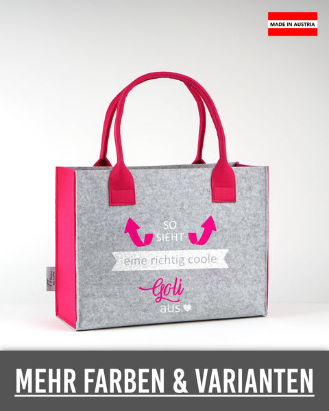 Filztasche „So sieht eine richtig coole Goli aus“ in Hellgrau mit pinken Seiten und Henkeln
