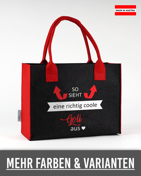 Filztasche „So sieht eine richtig coole Goli aus“ in Schwarz mit roten Seiten und Henkeln