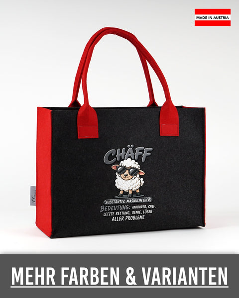 Filztasche „Chäff“ in Dunkelgrau mit roten Seiten und Henkeln