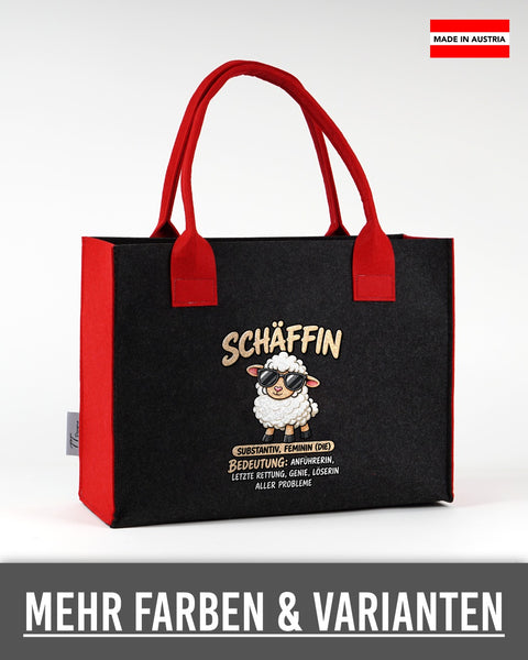 Filztasche „Schäffin“ in Dunkelgrau mit roten Seiten und Henkeln