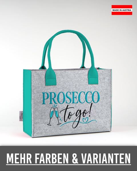 Filztasche „Prosecco to go“ (Türkis) in Hellgrau mit türkisen Seiten und Henkeln