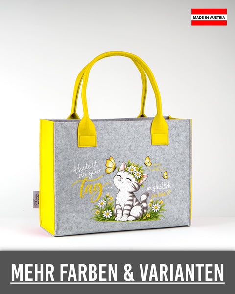 Filztasche „Heute ist ein guter Tag, um glücklich zu sein – Katze“ (Gelb) in Hellgrau mit gelben Seiten und Henkeln