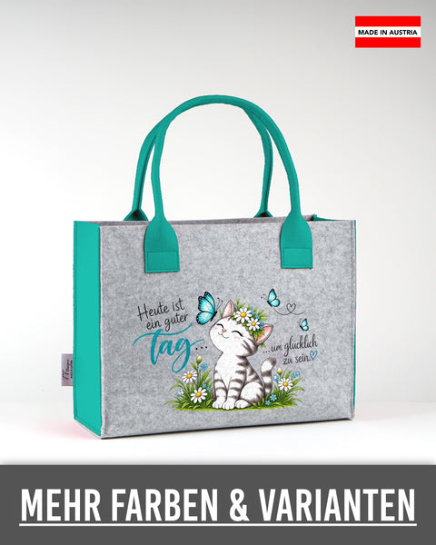 Filztasche „Heute ist ein guter Tag, um glücklich zu sein – Katze“ (Türkis) in Hellgrau mit türkisen Seiten und Henkeln