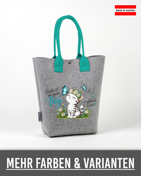 Filz Shopper „Heute ist ein guter Tag, um glücklich zu sein“ mit Katze (Türkis) in Hellgrau mit türkisen Henkeln