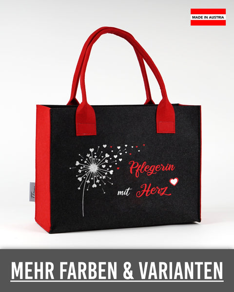 Filztasche „Pflegerin mit Herz“ in Schwarz mit roten Seiten und Henkeln