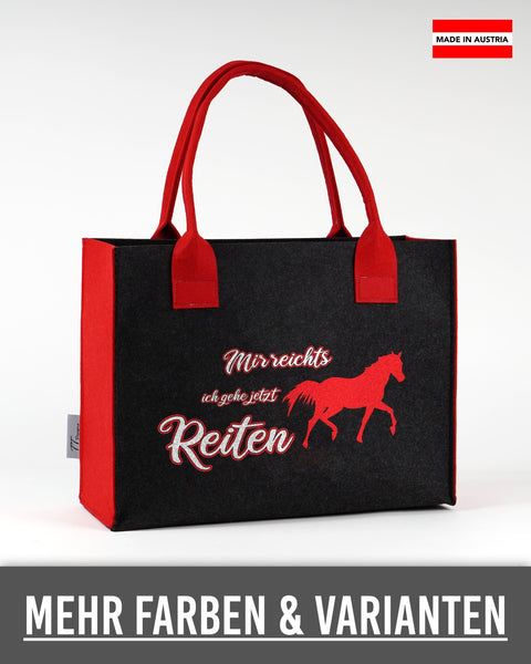 Filztasche „Mir reicht’s, ich gehe jetzt reiten“ in Schwarz mit roten Seiten und Henkeln
