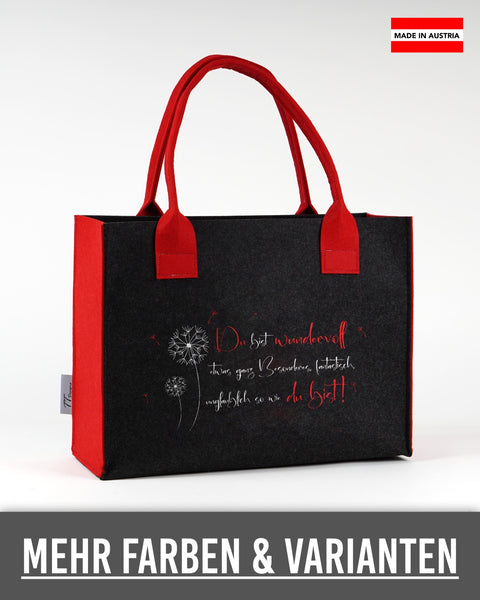 Filztasche „Du bist wundervoll – Pusteblume“ in Schwarz mit roten Seiten und Henkeln