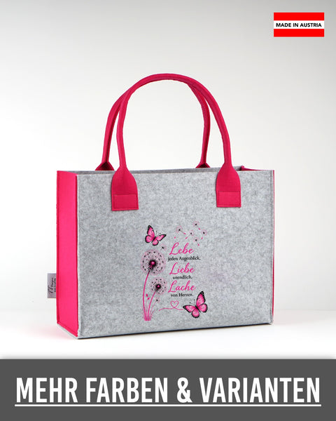 Filztasche „Lebe, Liebe, Lache – Pusteblume“ (Pink) in Hellgrau mit pinken Seiten und Henkeln