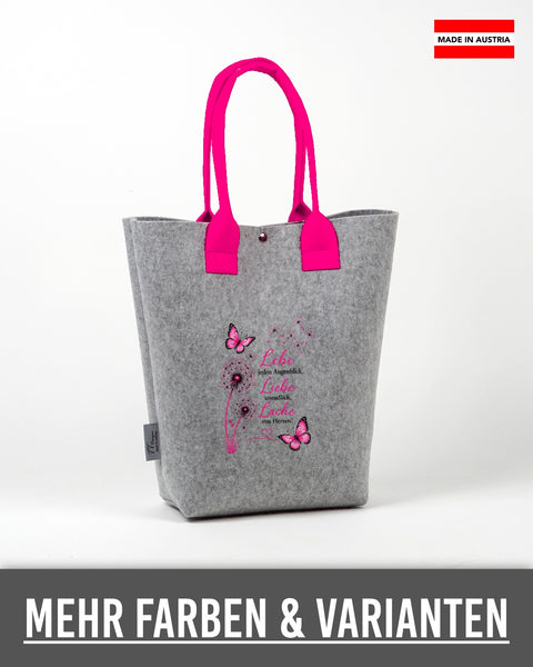 Filz Shopper „Lebe jeden Augenblick, Liebe unendlich, Lache von Herzen“ mit Pusteblume (Pink) in Hellgrau mit pinken Henkeln