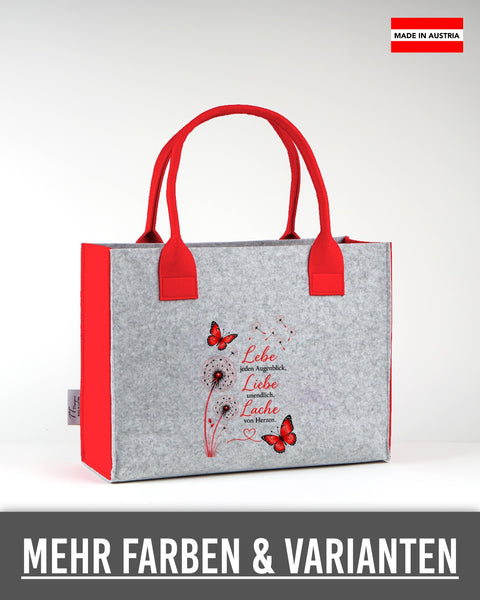 Filztasche „Lebe, Liebe, Lache – Pusteblume“ (Rot) in Hellgrau mit roten Seiten und Henkeln