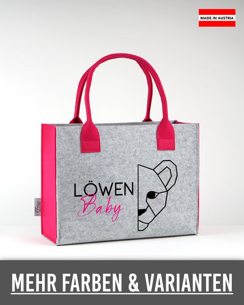Filztasche „Löwen-Familie – Mama, Papa oder Baby“ (Löwen Baby) in Hellgrau mit pinken Seiten und Henkeln