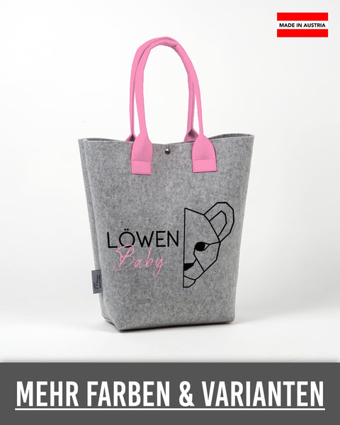 Filz Shopper „Löwen Baby“ in Hellgrau mit hellrosa Henkeln