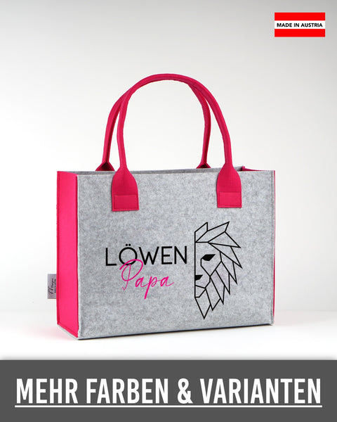 Filztasche „Löwen-Familie – Mama, Papa oder Baby“ (Löwen Papa) in Hellgrau mit pinken Seiten und Henkeln