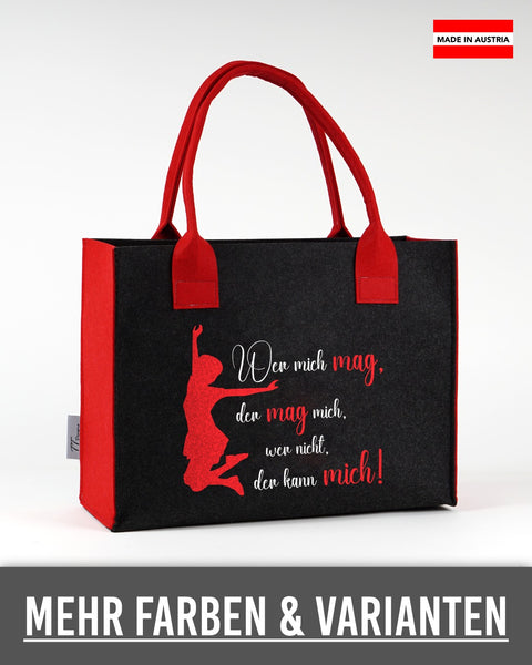 Filztasche „Wer mich mag, der mag mich, wer nicht, der kann mich“ in Schwarz mit roten Seiten und Henkeln
