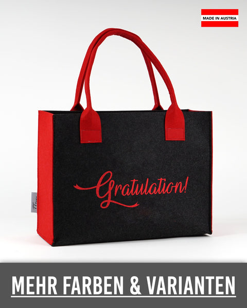 Filztasche „Gratulation!“ in Schwarz mit roten Seiten und Henkeln