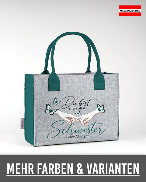 Filztasche „Du bist die tollste Schwester der Welt“ (Petrol) in Hellgrau mit petrolfarbenen Seiten und Henkeln