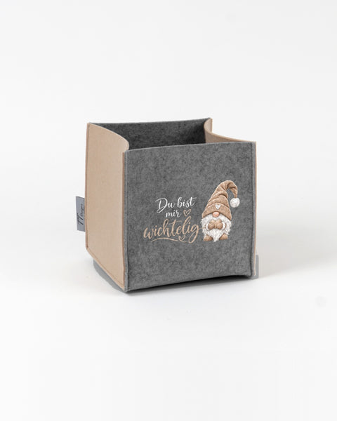 Filz Box „Du bist mir wichtelig" Beige – Box Mittelgrau, Seiten Beige