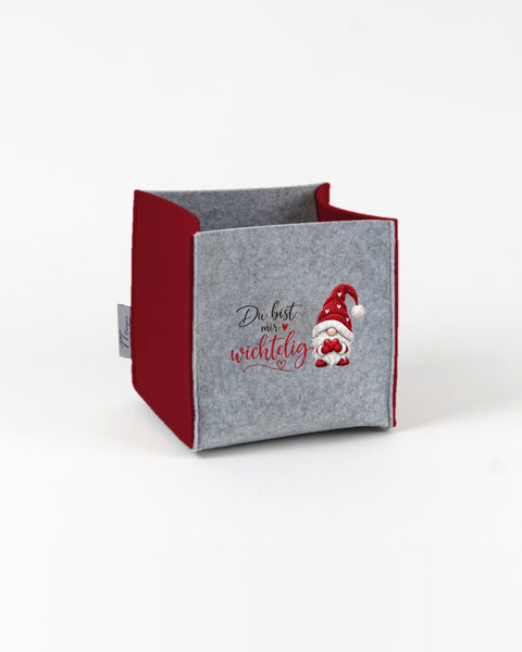 Filz Box „Du bist mir wichtelig" Weinrot – Box Hellgrau, Seiten Dunkelrot, mit Wichtel-Druck