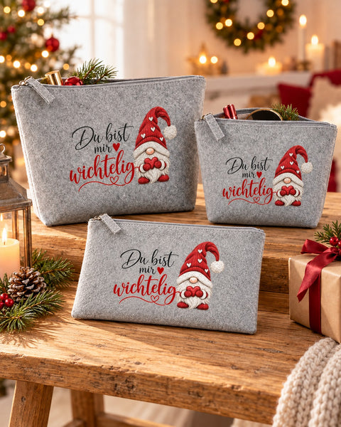 Täschchen Easy „Du bist mir wichtelig" in S, M und Basic in Weinrot auf Hellgrau mit Weihnachtsdeko