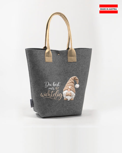 Filz Shopper „Du bist mir wichtelig" in Beige – mittelgrauer Shopper mit beigen Henkeln