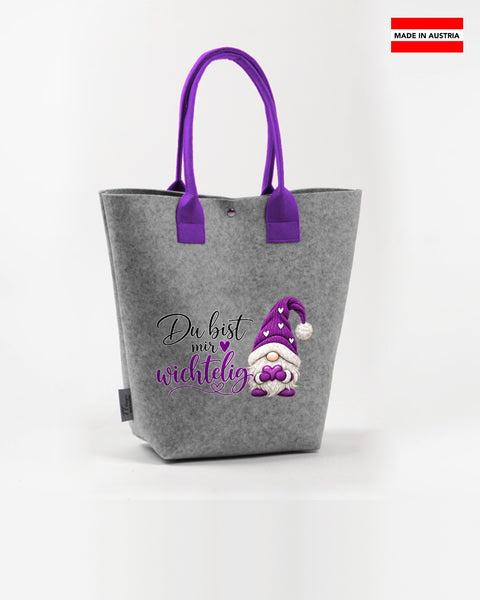 Filz Shopper „Du bist mir wichtelig" in Lila – hellgrauer Shopper mit lila Henkeln