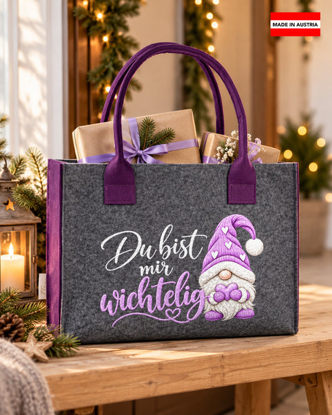 Filztasche „Du bist mir wichtelig" in Flieder – dunkelgraue Tasche mit lila Henkeln
