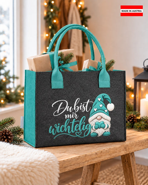 Filztasche „Du bist mir wichtelig" in Türkis – dunkelgraue Tasche mit türkisen Henkeln