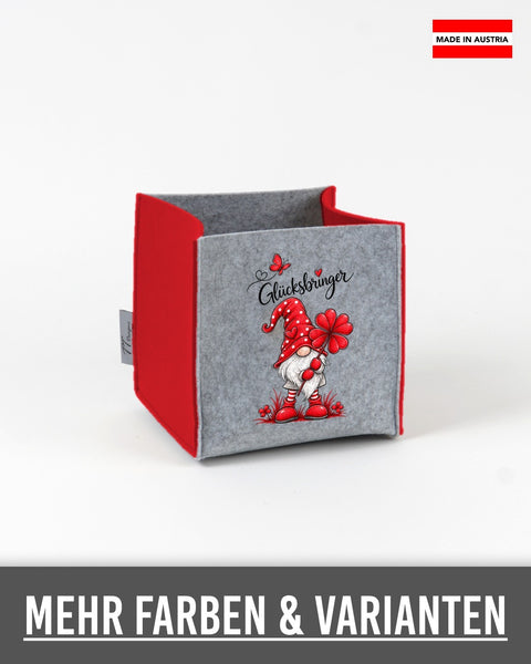 Filz Box „Glücksbringer" Rot – Box Hellgrau, Seiten Rot