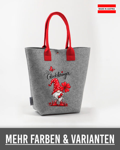 Filz Shopper „Glücksbringer" in Rot – hellgrauer Shopper mit roten Henkeln