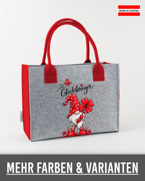 Filztasche „Glücksbringer" in Rot – hellgraue Tasche mit roten Henkeln, Wichtel mit Kleeblatt