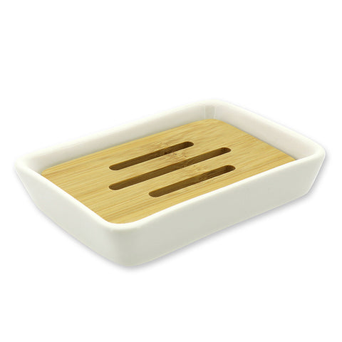 Seifenschale Porzellan eckig mit Holz-Einsatz aus Bambus 11,6x8,2x2,5cm
