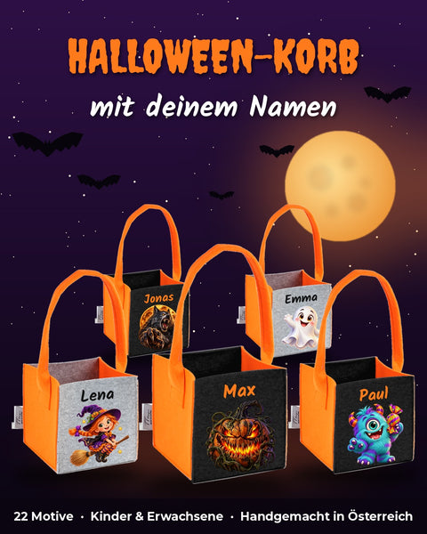 Halloween-Körbe aus Filz mit Namen und Motiven – Schwarz/Orange und Hellgrau/Orange, handgemacht in Österreich